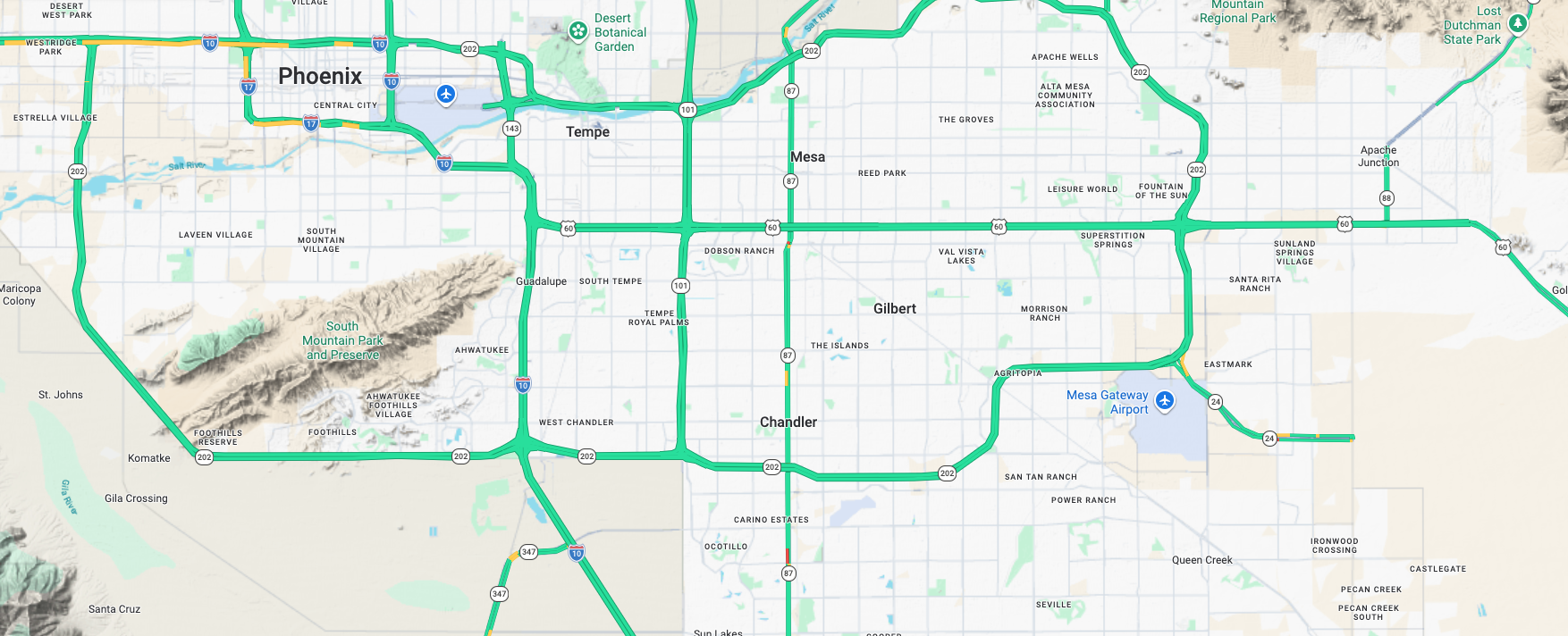Map of Phoenix and the East Valley showing Phoenix, Ahwatukee, Tempe, Chandler, Mesa, Gilbert, I-10, US-60, Loop 101, and Loop 202